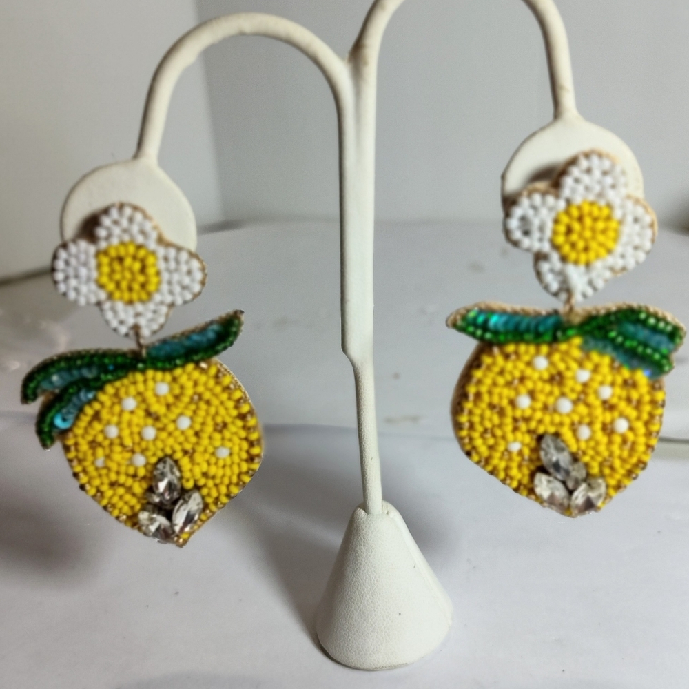 Yellow Beaded Lemon Earrings NWOT